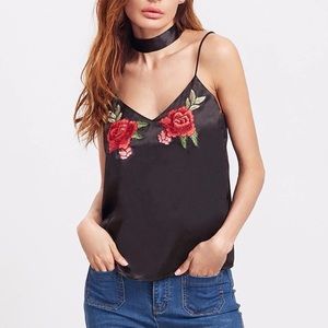 Embroidered Rose Satin Chemise Camisole Slip Top